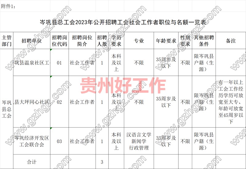 岑巩县总工会2023年公开招聘工会社会工作者实施方案